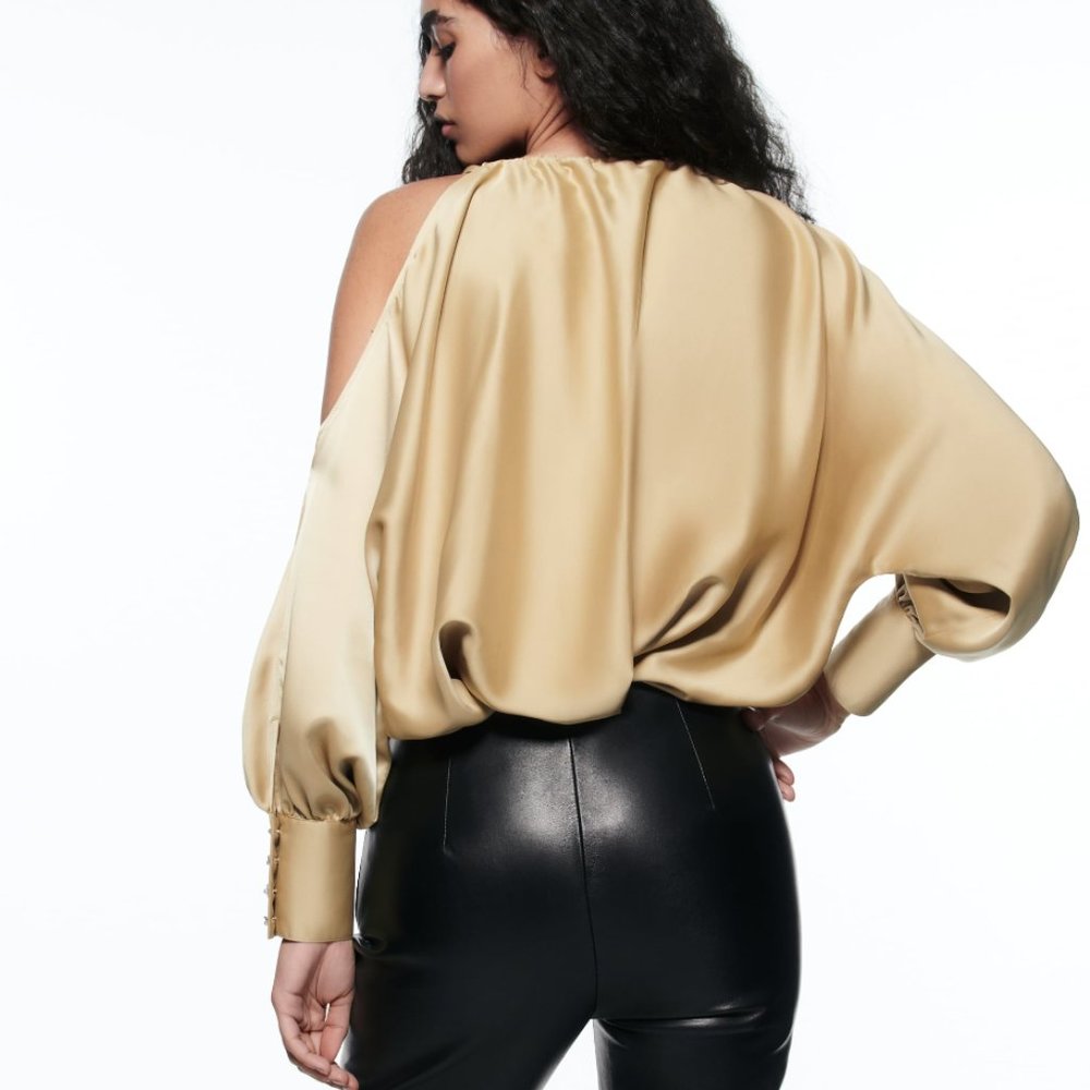 ZARA CHAMPAGNE SATIN EFFECT ASYMMETRIC COLD SHOULDER LONG SLEEVE BLOUSE